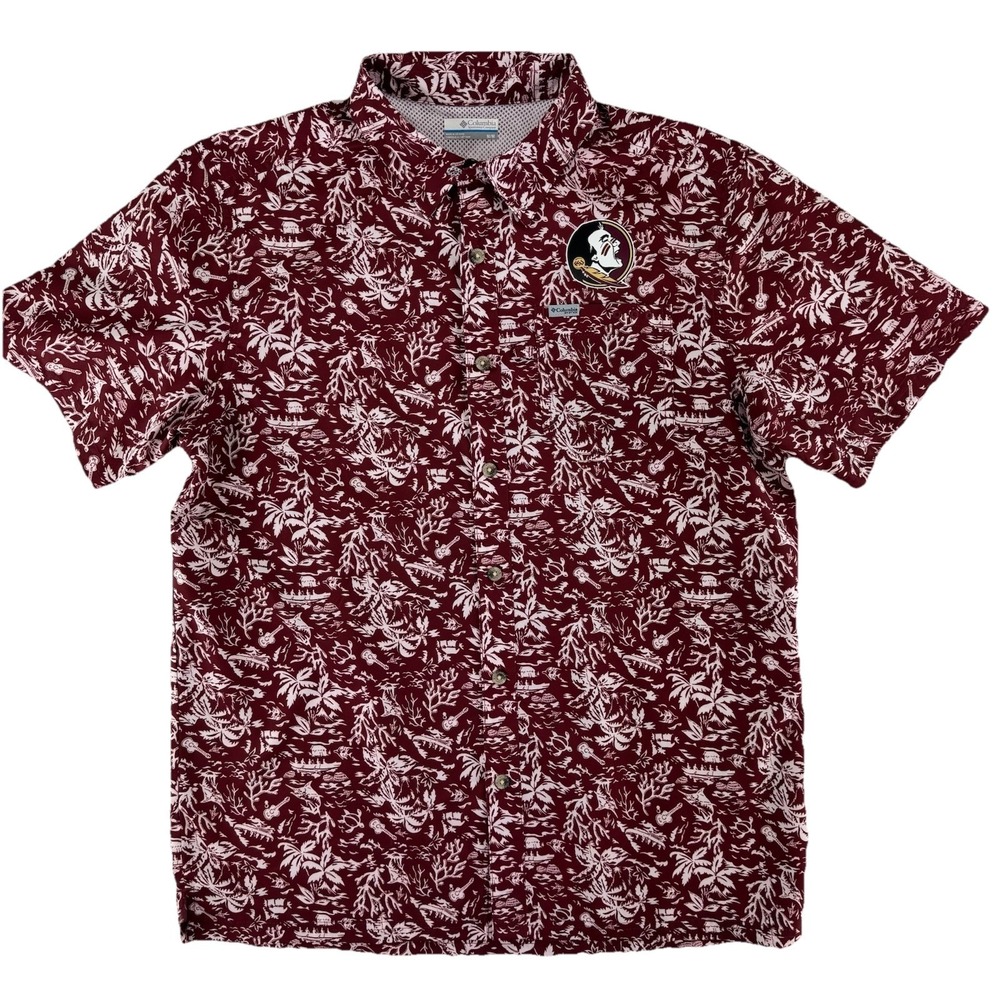 Columbia PFG FSU Florida St. Seminoles Vented Hawaiian Shirt Mens Medium Red